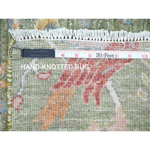 2'6"x21'9" Sage Green, Soft Wool, Afghan Peshawar with Birds of Paradise Design, Hand Knotted, Vegetable Dyes, XL Runner, Oriental Rug FWR123684