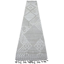 Load image into Gallery viewer, 2&#39;5&quot;x14&#39;3&quot; Bone White, Moroccan Weave with Geometric Design, Hand Knotted, Soft Wool, Tone on Tone, Textured Pile, Runner, Oriental Rug FWR123702