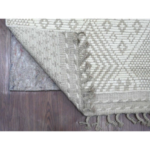2'5"x14'3" Bone White, Moroccan Weave with Geometric Design, Hand Knotted, Soft Wool, Tone on Tone, Textured Pile, Runner, Oriental Rug FWR123702