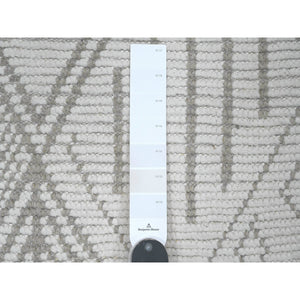 2'5"x14'3" Bone White, Moroccan Weave with Geometric Design, Hand Knotted, Soft Wool, Tone on Tone, Textured Pile, Runner, Oriental Rug FWR123702
