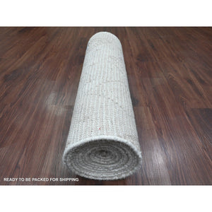 2'5"x14'3" Bone White, Moroccan Weave with Geometric Design, Hand Knotted, Soft Wool, Tone on Tone, Textured Pile, Runner, Oriental Rug FWR123702