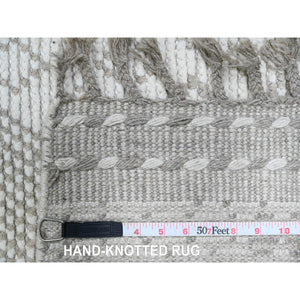 2'5"x14'3" Bone White, Moroccan Weave with Geometric Design, Hand Knotted, Soft Wool, Tone on Tone, Textured Pile, Runner, Oriental Rug FWR123702