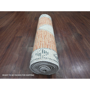 2'7"x10'2" Burnt Orange, Moroccan Weave with Geometric Medallions Design, Soft Wool, Hand Knotted, Tone on Tone, Textured Pile, Runner, Oriental Rug FWR123714