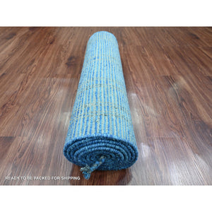 2'5"x10'3" Bayern Blue, Hand Knotted, Moroccan Weave With Geometric Pattern, Soft Wool, Tone On Tone, Textured Pile, Runner, Oriental Rug FWR123720