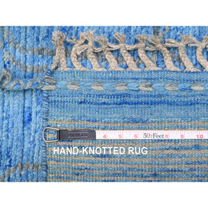 2'5"x10'3" Bayern Blue, Hand Knotted, Moroccan Weave With Geometric Pattern, Soft Wool, Tone On Tone, Textured Pile, Runner, Oriental Rug FWR123720