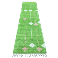 Load image into Gallery viewer, 2&#39;5&quot;x9&#39; Pear Green, Moroccan Weave with Geometric Design, Soft Wool, Hand Knotted, Tone on Tone, Textured Pile, Runner, Oriental Rug FWR123726