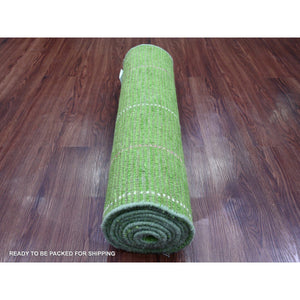 2'5"x9' Pear Green, Moroccan Weave with Geometric Design, Soft Wool, Hand Knotted, Tone on Tone, Textured Pile, Runner, Oriental Rug FWR123726