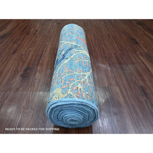 2'10"x23'6" Bayern Blue, Afghan Peshawar with Birds of Paradise Design, Soft Wool, Natural Dyes, Hand Knotted, XL Runner, Oriental Rug FWR123828