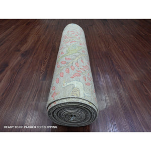3'x23'10" Dark Vanilla Brown, Afghan Peshawar with Birds of Paradise Design, Soft Wool, Hand Knotted, Natural Dyes, XL Runner, Oriental Rug FWR123834