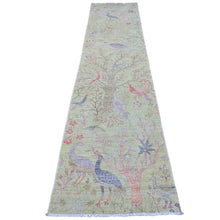 Load image into Gallery viewer, 2&#39;7&quot;x11&#39;9&quot; Mint Green, Afghan Peshawar with Birds of Paradise Design, Hand Knotted, Soft Wool, Vegetable Dyes, Runner, Oriental Rug FWR123840