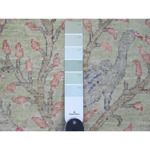 2'7"x11'9" Mint Green, Afghan Peshawar with Birds of Paradise Design, Hand Knotted, Soft Wool, Vegetable Dyes, Runner, Oriental Rug FWR123840