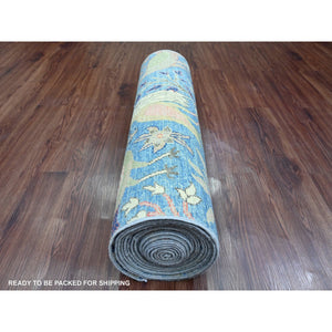 3'1"x21'2" Bayern Blue, Afghan Peshawar with Birds of Paradise Design, Hand Knotted, Soft Wool, Vegetable Dyes, XL Runner, Oriental Rug FWR123852