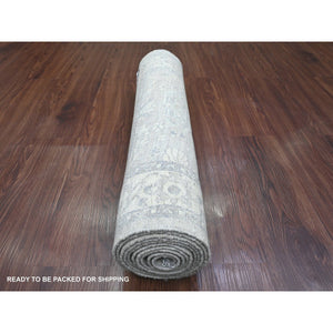2'8"x10' Cloud Gray, Washed Out Peshawar with Heriz All Over Design, High Mountain Wool, Densely Woven, Hand Knotted, Runner, Oriental Rug FWR123894