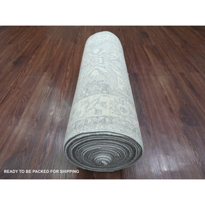 2'4"x29'3" Whisper White, Peshawar with Heriz All Over Design, Densely Woven, High Mountain Wool, Hand Knotted, XL Runner, Oriental Rug FWR123900
