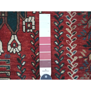 5'9"x9'1" Scarlet Red, Vintage Persian Shiraz with Tribal Design, Good Condition, Clean, Even Wear, Pure Wool, Hand Knotted, Oriental Rug FWR123906