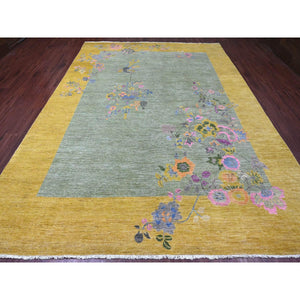9'1"x12'5" Sage Green, Chinese Art Deco Inspired Peshawar, Hand Knotted, Natural Dyes, 100% Wool, Oriental Rug FWR123930