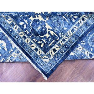 10'x13'10" Denim Blue, Peshawar Serapi Heriz Revival, High Mountain Ghazni Wool, Hand Knotted, Soft Pile, Denser Weave, Oriental Rug FWR123948