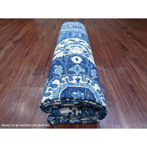 10'x13'10" Denim Blue, Peshawar Serapi Heriz Revival, High Mountain Ghazni Wool, Hand Knotted, Soft Pile, Denser Weave, Oriental Rug FWR123948