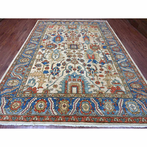 9'1"x11'9" Linen White, Aryana Collection, Peshawar with Heriz All Over Design, High Mountain Wool, Densely Woven, Hand Knotted, Vegetable Dyes, Oriental Rug FWR124020