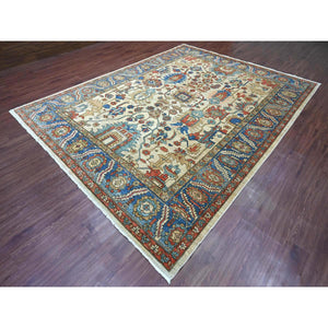 9'1"x11'9" Linen White, Aryana Collection, Peshawar with Heriz All Over Design, High Mountain Wool, Densely Woven, Hand Knotted, Vegetable Dyes, Oriental Rug FWR124020