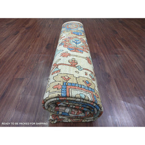 9'1"x11'9" Linen White, Aryana Collection, Peshawar with Heriz All Over Design, High Mountain Wool, Densely Woven, Hand Knotted, Vegetable Dyes, Oriental Rug FWR124020