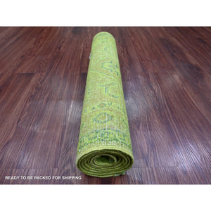 2'1"x5'9" Fern Green, Overdyed Kazak With Tribal Medallions Design, Hand Knotted, 100% Wool, Runner, Oriental Rug FWR124068