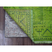 Load image into Gallery viewer, 2&#39;x5&#39;5&quot; Pear Green, Overdyed Kazak With All Over Geometric Pattern, 100% Wool, Hand Knotted, Narrow Runner, Oriental Rug FWR124074