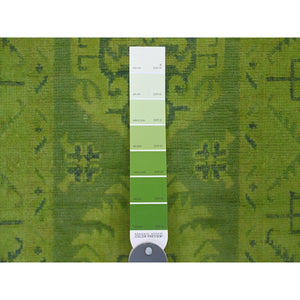 2'x5'5" Pear Green, Overdyed Kazak With All Over Geometric Pattern, 100% Wool, Hand Knotted, Narrow Runner, Oriental Rug FWR124074