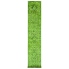 Load image into Gallery viewer, 2&#39;8&quot;x18&#39;10&quot; Iguana Green, Overdyed Kazak with Geometric Medallion Design, Hand Knotted, 100% Wool, XL Runner, Oriental Rug FWR124080
