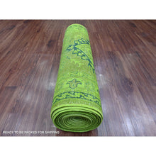 Load image into Gallery viewer, 2&#39;8&quot;x18&#39;10&quot; Iguana Green, Overdyed Kazak with Geometric Medallion Design, Hand Knotted, 100% Wool, XL Runner, Oriental Rug FWR124080