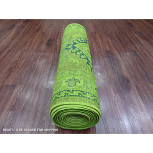 2'8"x18'10" Iguana Green, Overdyed Kazak with Geometric Medallion Design, Hand Knotted, 100% Wool, XL Runner, Oriental Rug FWR124080