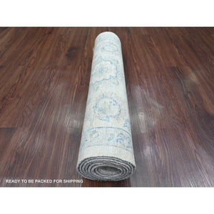 2'6"x7'10" Chiffon White, Hand Knotted, Washed Out Peshawar with All Over Leaf Design, Natural Dyes, 100% Wool, Runner, Oriental Rug FWR124086