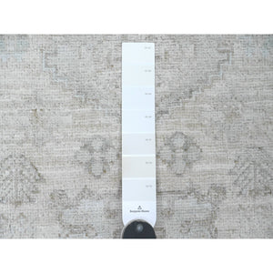 2'8"x16' Bone White, Washed Out Peshawar with Geometric Leaf Design, Hand Knotted, Natural Dyes, 100% Wool, XL Runner, Oriental Rug FWR124092