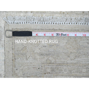 2'8"x16' Bone White, Washed Out Peshawar with Geometric Leaf Design, Hand Knotted, Natural Dyes, 100% Wool, XL Runner, Oriental Rug FWR124092