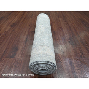 2'8"x11'7" Misty Gray, Stone Washed Peshawar with All Over Leaf Design, Hand Knotted, Natural Dyes, 100% Wool, Runner, Oriental Rug FWR124152