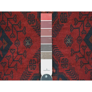 2'7"x9'10" Crimson Red, Hand Knotted, Afghan Andkhoy with Geometric Design, Soft and Velvety Wool, Runner, Oriental Rug FWR124230