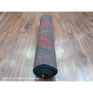 2'7"x9'10" Crimson Red, Hand Knotted, Afghan Andkhoy with Geometric Design, Soft and Velvety Wool, Runner, Oriental Rug FWR124230