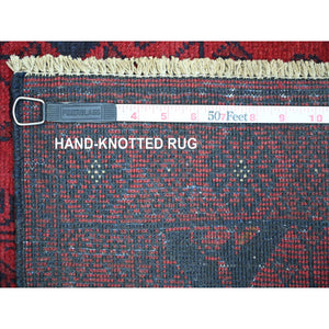2'7"x9'10" Crimson Red, Hand Knotted, Afghan Andkhoy with Geometric Design, Soft and Velvety Wool, Runner, Oriental Rug FWR124230
