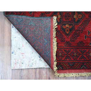 2'7"x6'3" Crimson Red, 100% Wool, Afghan Andkhoy with Geometric Medallions Pattern, Hand Knotted, Runner, Oriental Rug FWR124260