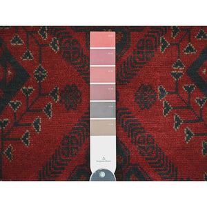 2'7"x6'3" Crimson Red, 100% Wool, Afghan Andkhoy with Geometric Medallions Pattern, Hand Knotted, Runner, Oriental Rug FWR124260