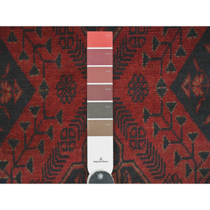 2'8"x6'6" Currant Red, Hand Knotted, Afghan Andkhoy with Geometric Design, Soft 100% Wool, Runner, Oriental Rug FWR124266