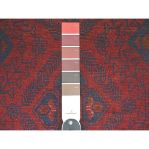 2'7"x9'8" Scarlet Red, Afghan Andkhoy with Geometric Design, Soft Pile, Pure Wool, Hand Knotted, Runner, Oriental Rug FWR124296