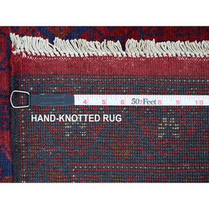 2'7"x9'8" Scarlet Red, Afghan Andkhoy with Geometric Design, Soft Pile, Pure Wool, Hand Knotted, Runner, Oriental Rug FWR124296