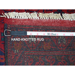 2'6"x9'4" Carmine Red, Hand Knotted, Afghan Andkhoy With Geometric Pattern, Soft And Velvety Wool, Runner, Oriental Rug FWR124302