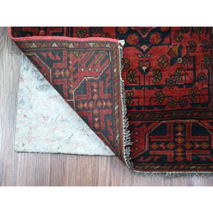 2'2"x8'2" Crimson Red, Hand Knotted, Afghan Andkhoy with Geometric Design, Veggie Dyes, Soft Wool, Runner, Oriental Rug FWR124314