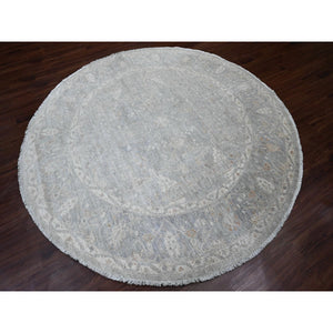 7'9"x7'9" Cloud Gray, Washed Out Peshawar with Ziegler Mahal Design, Hand Knotted, High Mountain Wool, Densely Woven, Round, Oriental Rug FWR124386