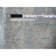 Load image into Gallery viewer, 7&#39;9&quot;x7&#39;9&quot; Denim Blue with Mix of Gold, Modern Mosaic Design, Persian Knot, Denser Weave, Hand Knotted, Wool and Silk, Round, Oriental Rug FWR60600
