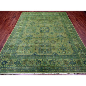 8'x9'7" Olive Green, Overdyed Kazak with Geometric Elements Pattern, Pure Wool, Hand Knotted, Oriental Rug FWR124410