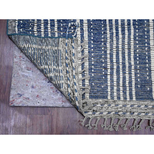 6'x10'4" Aegean Blue, Moroccan Weave with Line Design, Soft Wool, Hand Knotted, Tone on Tone, Textured Pile, Oriental Rug FWR124446