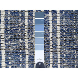 6'x10'4" Aegean Blue, Moroccan Weave with Line Design, Soft Wool, Hand Knotted, Tone on Tone, Textured Pile, Oriental Rug FWR124446